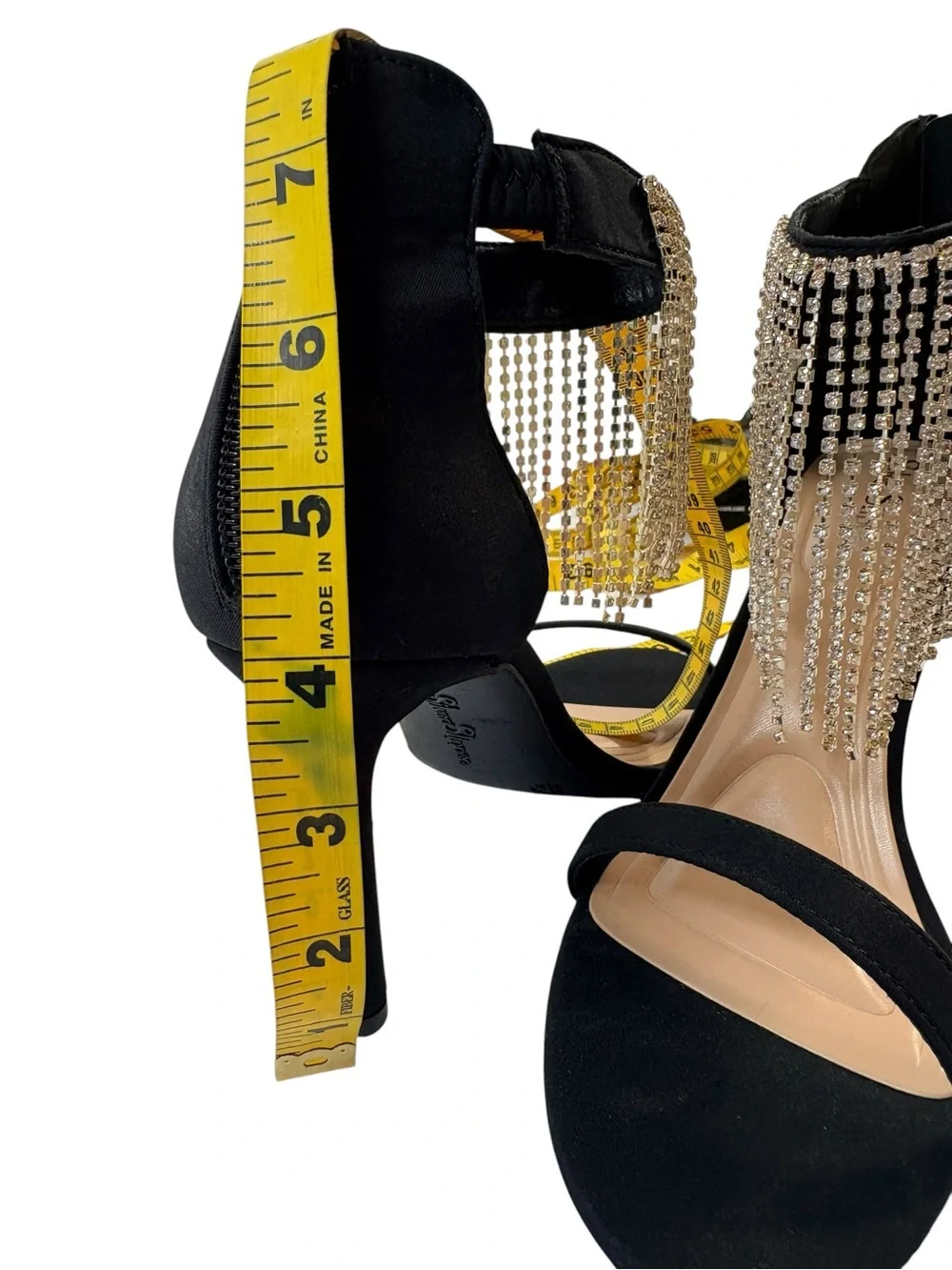 Silver Slipper Fiona Black Rhinestone Fringe Heels Size 8.5M Dress Sandals NIB
